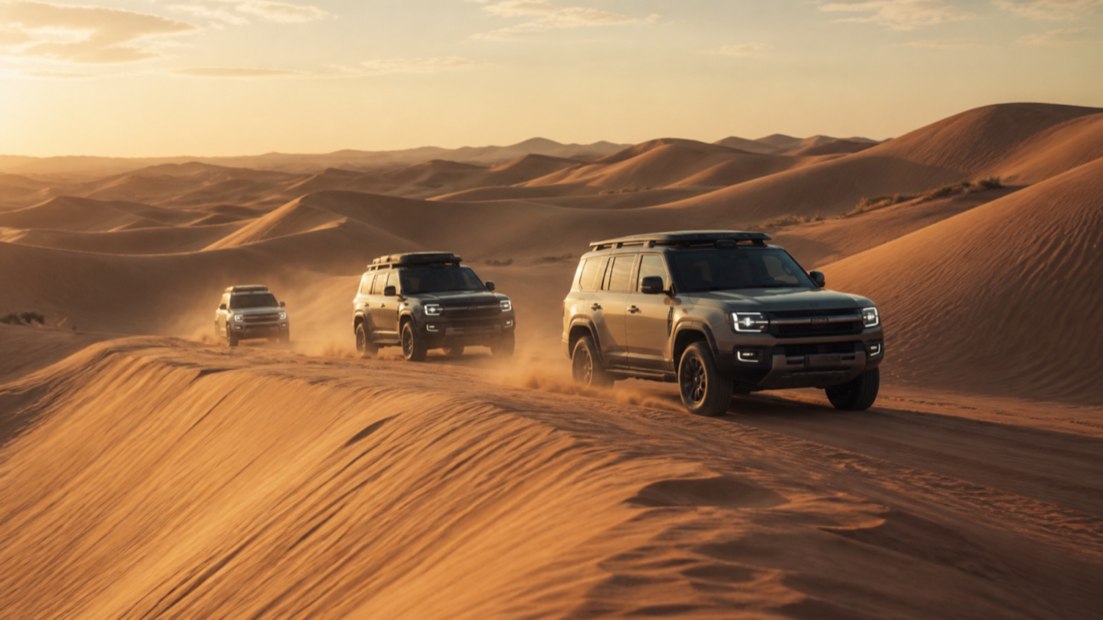 Desert-drive visual depicting a 4x4 convoy
