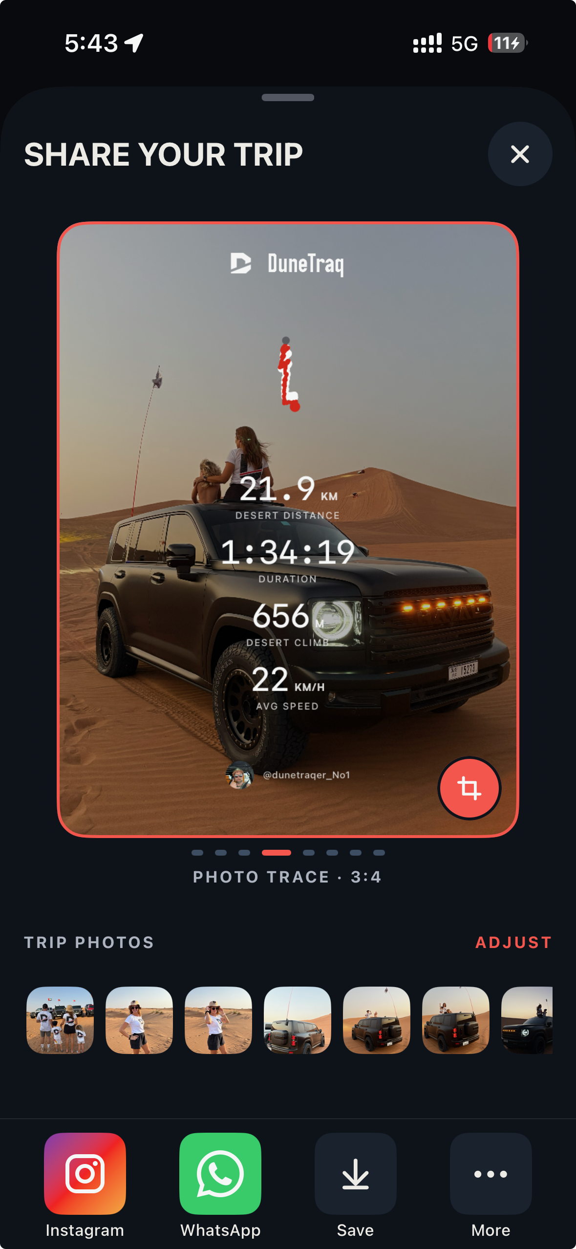 Real DuneTraq Photo Trace sharing screen with a desert drive photograph, recorded route, trip statistics and driver avatar