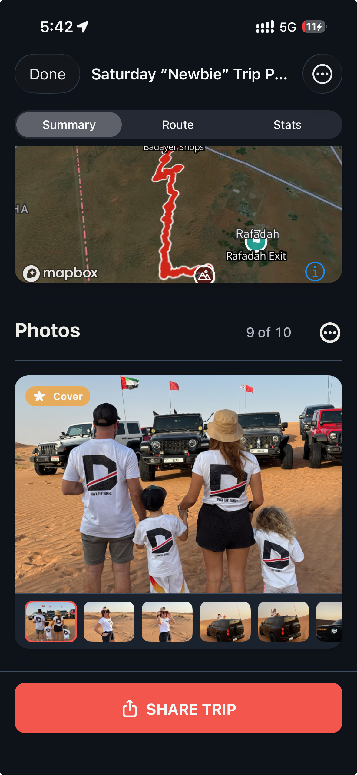Real DuneTraq trip photo selection with a family wearing DuneTraq shirts in front of their desert convoy, cover selection and Share Trip button